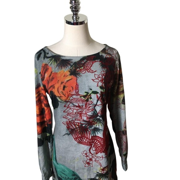 Desigual Dress Women's Size XS/S Gray Floral Bird Midi - Picture 3 of 6